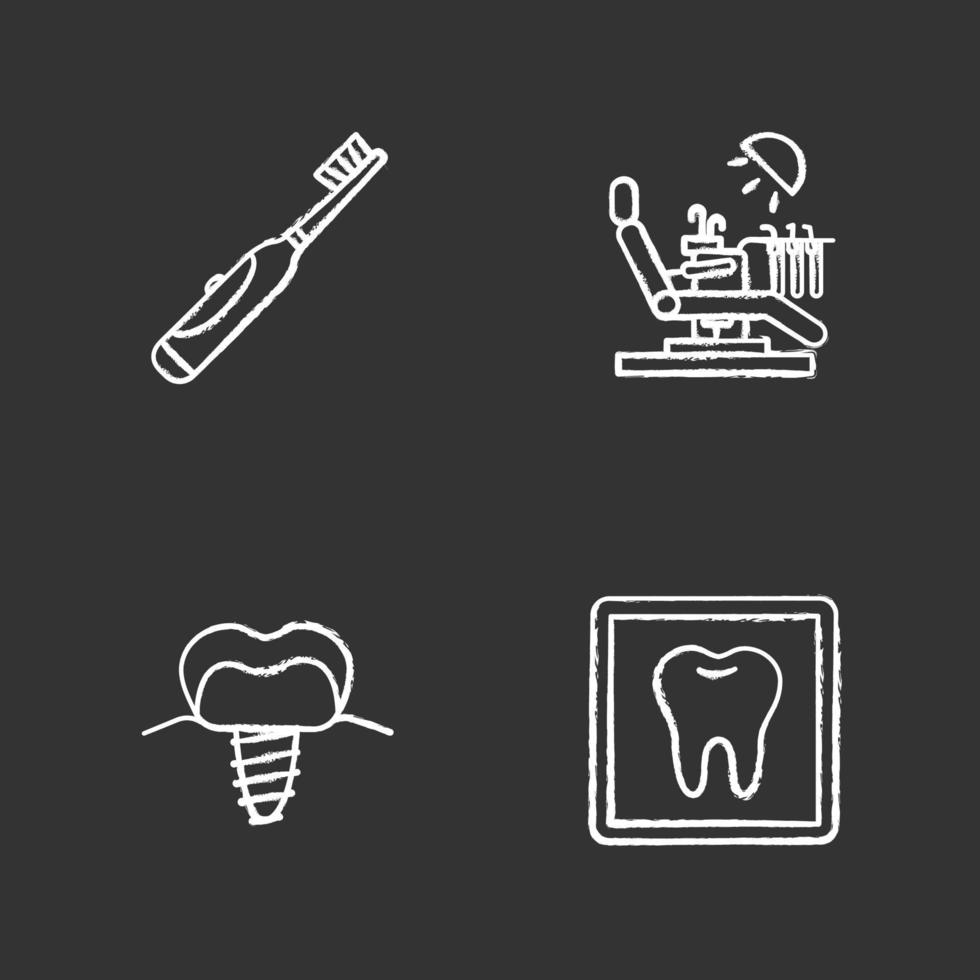 Conjunto de iconos de tiza de odontología. estomatología. cepillo de dientes eléctrico, radiografía de dientes, implante estomatológico, sillón dental. ilustraciones de pizarra vector aislado