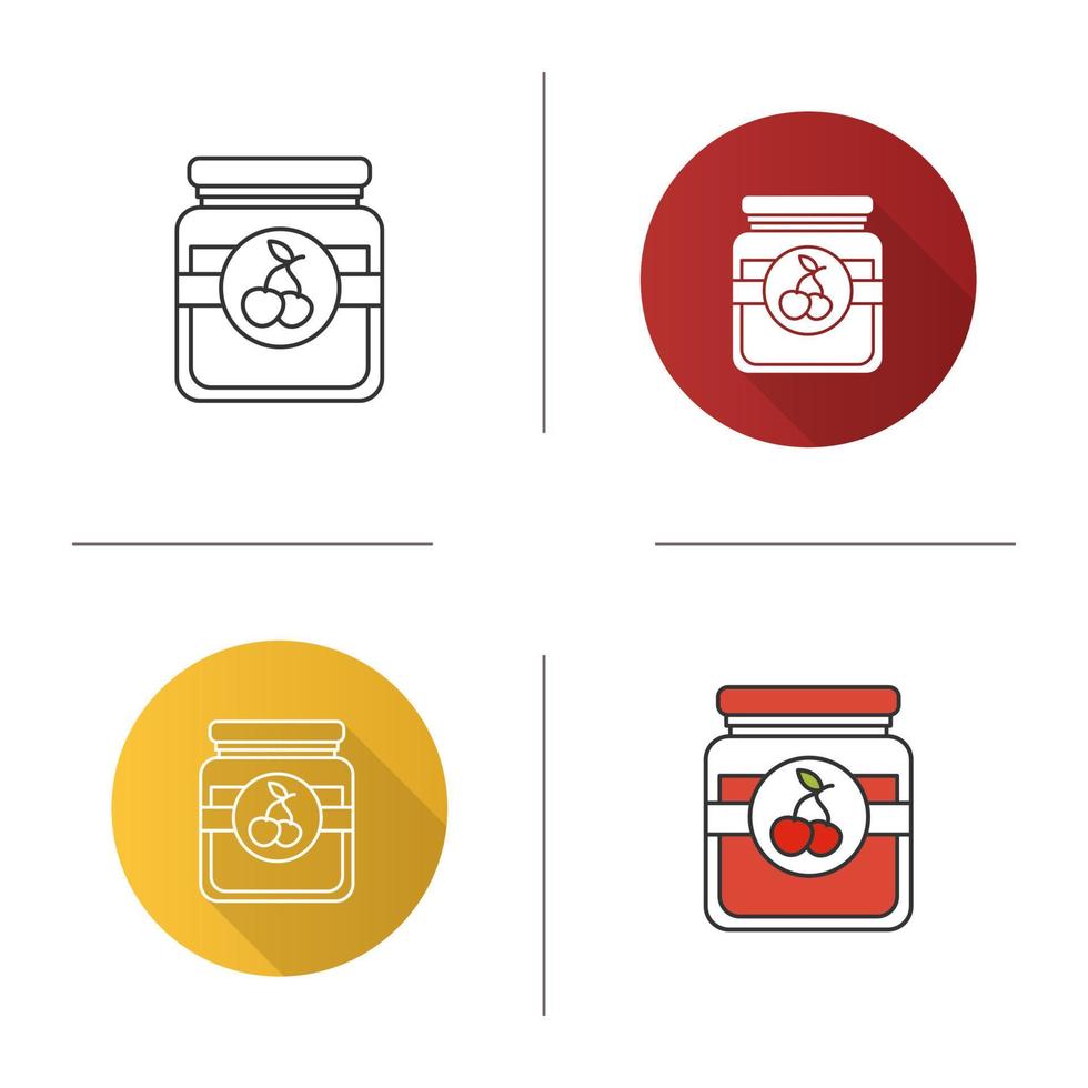 Cherry jam jar icon. Fruit preserve. Flat design, linear and color styles. Isolated vector illustrations