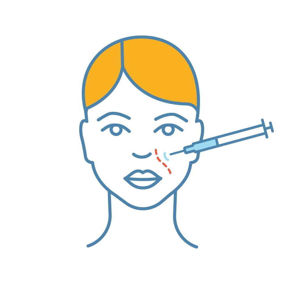 Nasolabial folds neurotoxin injection color icon. Anti wrinkle injection. Smile wrinkles reducing. Cosmetic procedure. Facial rejuvenation. Isolated vector illustration