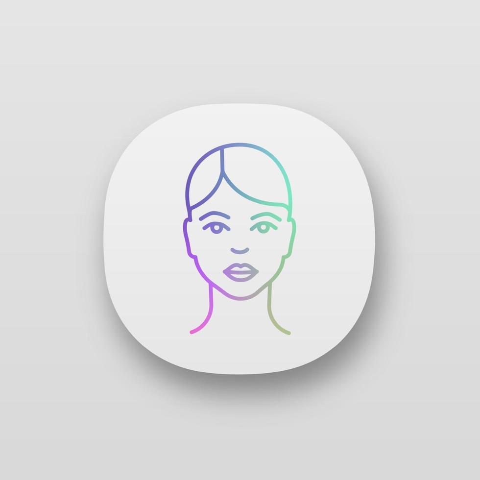 Woman face app icon. Young and healthy skin. Lady. User profile. Woman avatar. UI UX user interface. Web or mobile application. Vector isolated illustration
