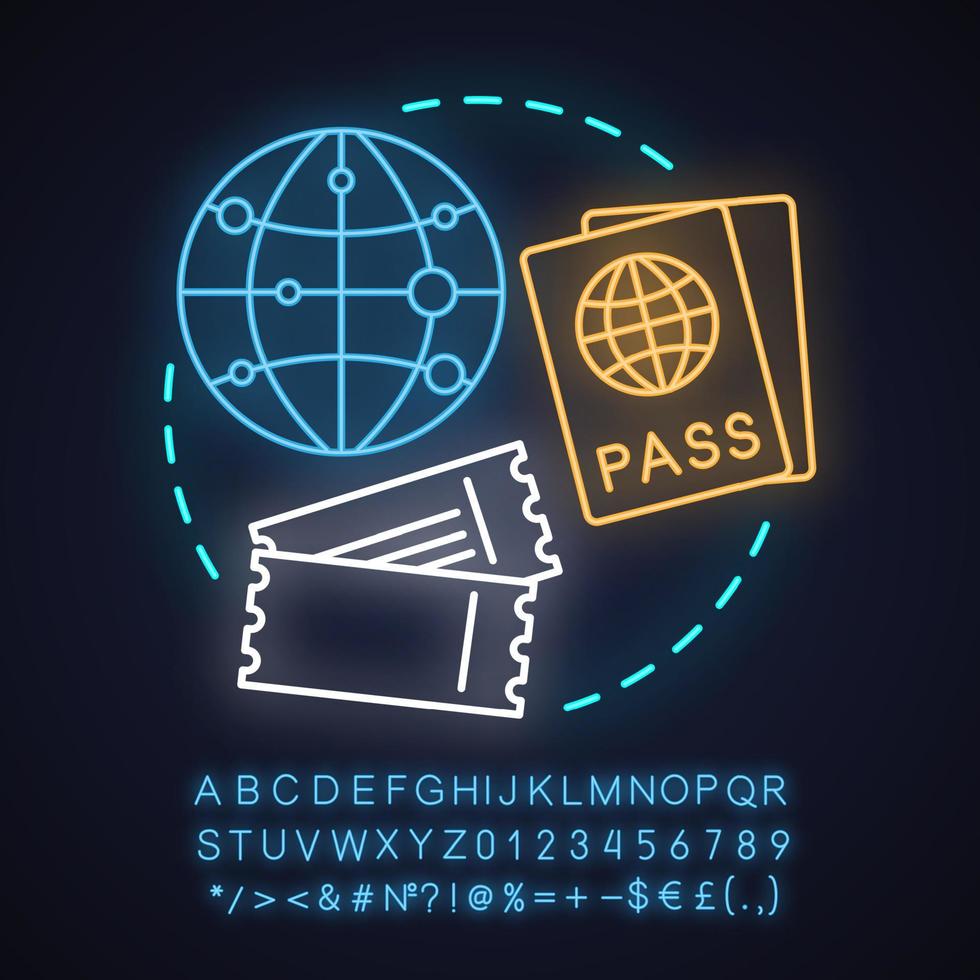 Travel agency neon light concept icon. Tourism idea. Travel planning. International passport, tickets, flight destination. Glowing sign with alphabet, numbers and symbols. Vector isolated illustration