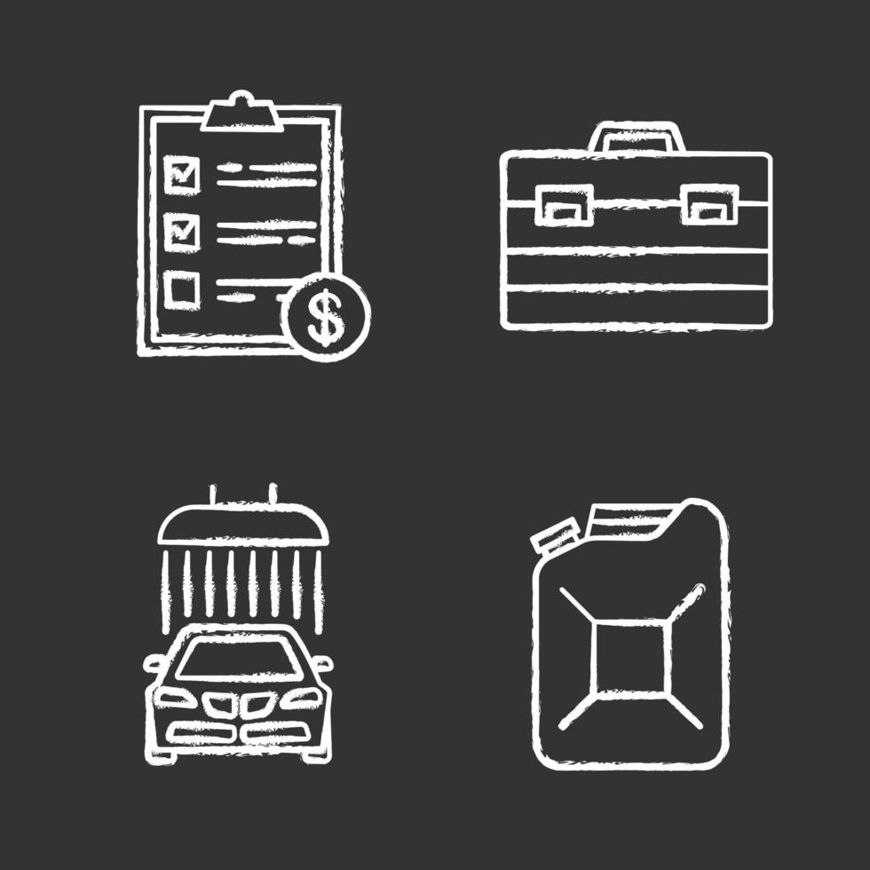 Auto workshop chalk icons set. Car washing, steel jerry can, invoice, construction toolbox. Isolated vector chalkboard illustrations