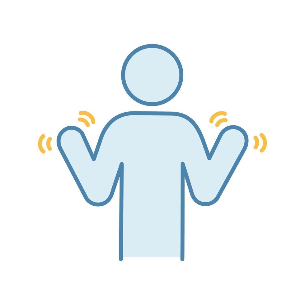 Hands tremor color icon. Parkinson's disease. Shaky hands. Anxiety tremor. Muscle twitching. Trembling. Physiological stress symptoms. Isolated vector illustration