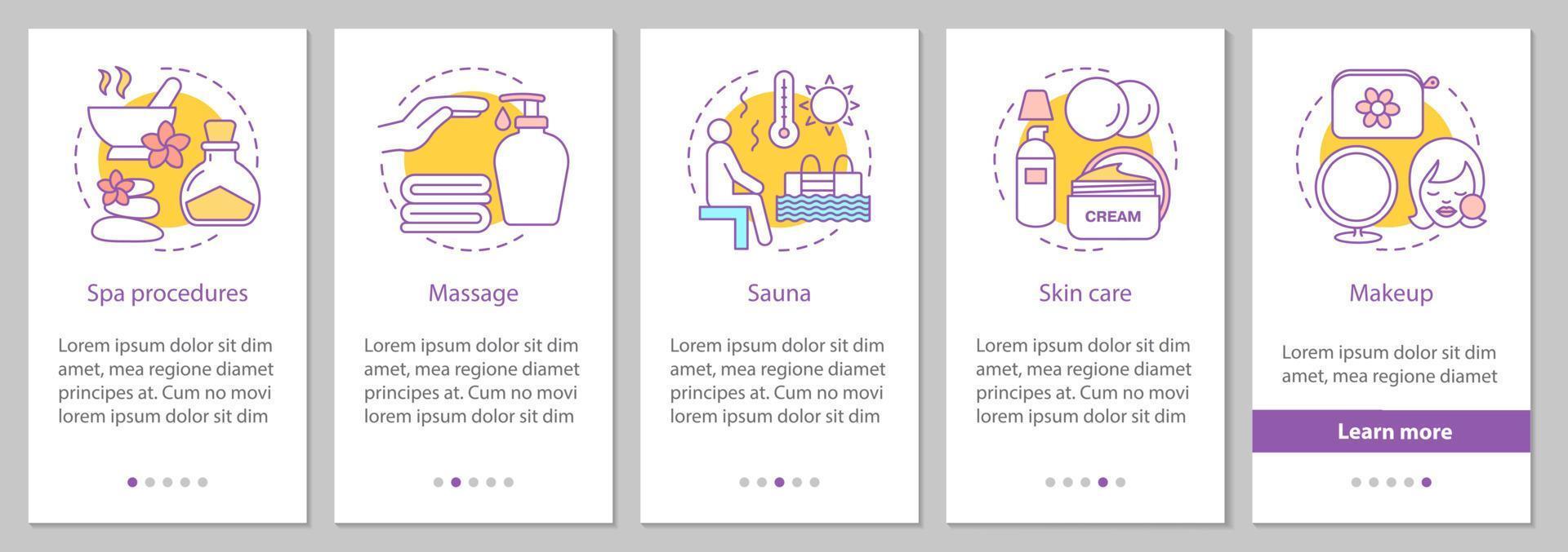 Body care services onboarding mobile app page screen with linear concepts. Spa, massage, sauna, skin care, makeup steps graphic instructions. UX, UI, GUI vector template with illustrations