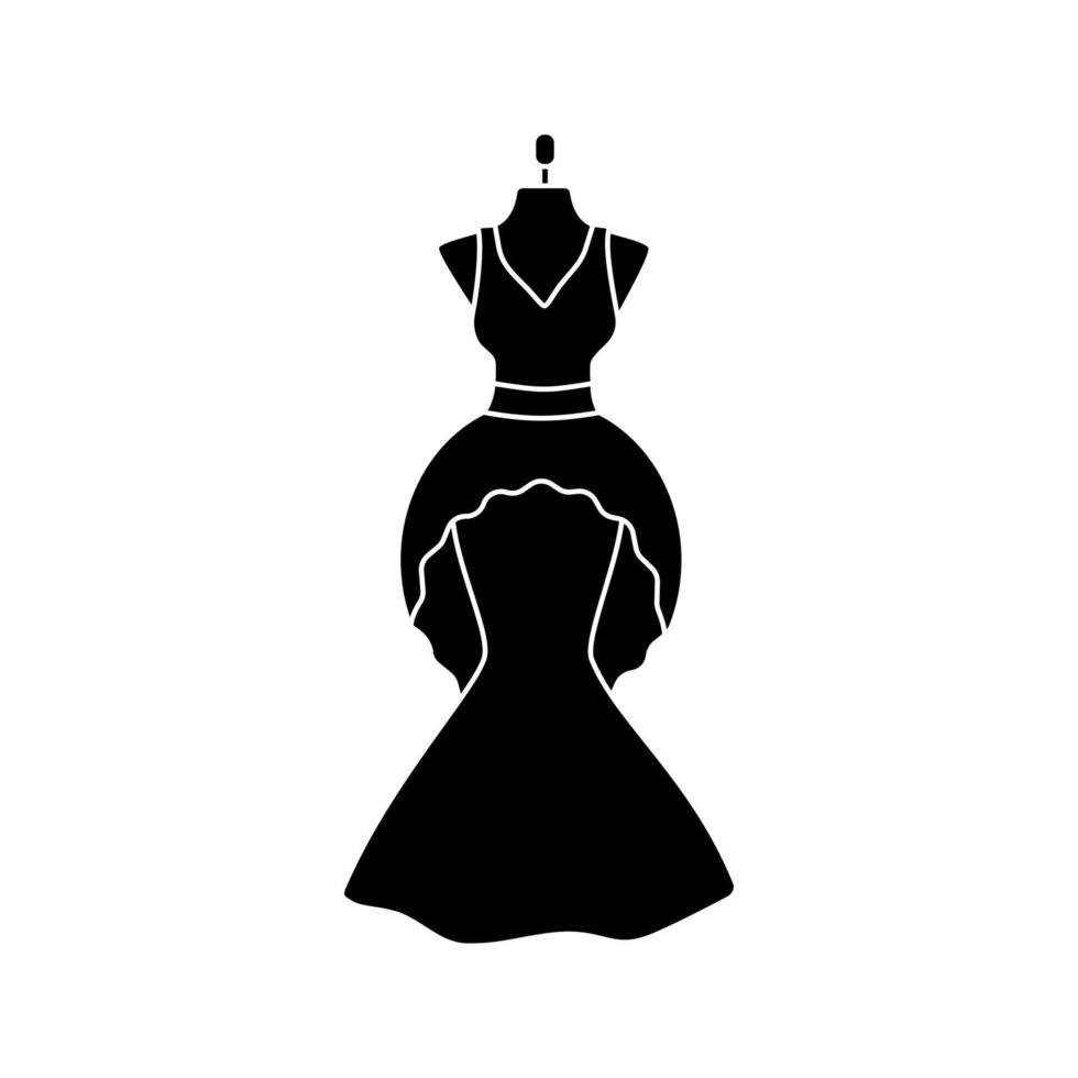 Wedding dress glyph icon. Bridal gown atelier. Wedding salon. Dress on mannequin. Silhouette symbol. Negative space. Vector isolated illustration