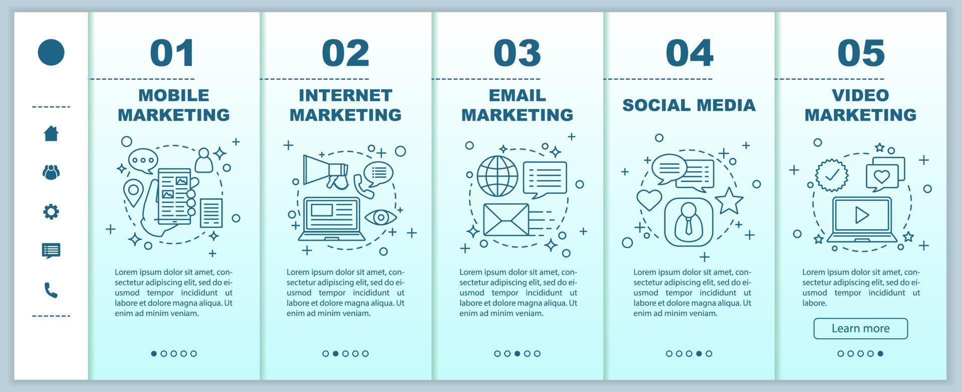 Internet marketing onboarding mobile web pages vector template. Advertising. Social media, mobile, video, email, video marketing. Responsive smartphone website interface. Webpage walkthrough screens