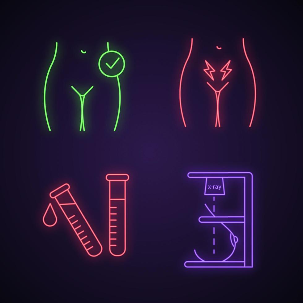 Gynecology neon light icons set. Women s health, menstrual cramps, laboratory test, mammography. Glowing signs. Vector isolated illustrations