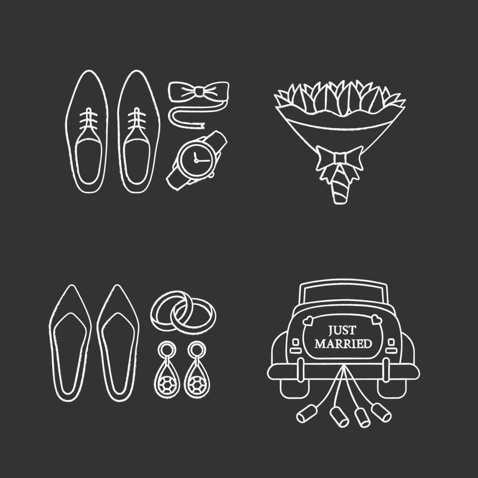 Conjunto de iconos de tiza de planificación de bodas. accesorios para hombre y mujer, ramo de flores, coche de boda. ilustraciones de pizarra vector aislado