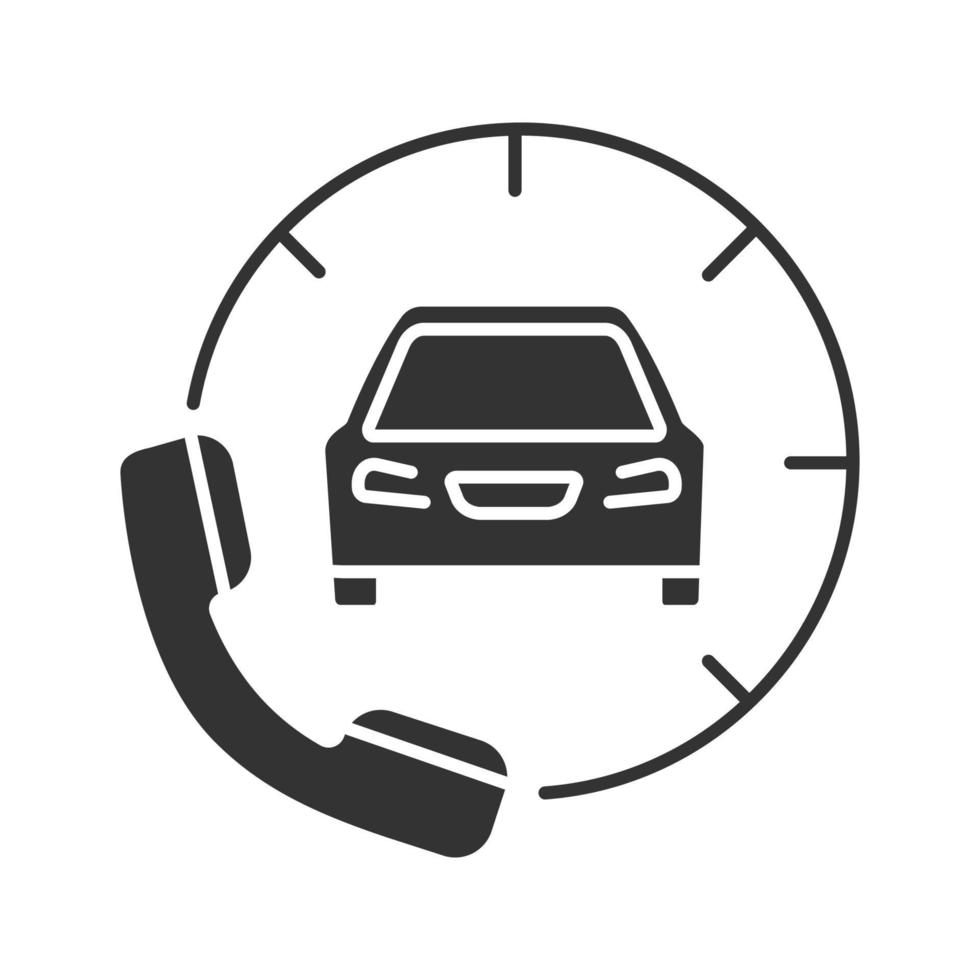 icono de glifo de pedido de taxi. símbolo de silueta. espacio negativo. coche con microteléfono. llamada de asistencia en carretera. vector ilustración aislada