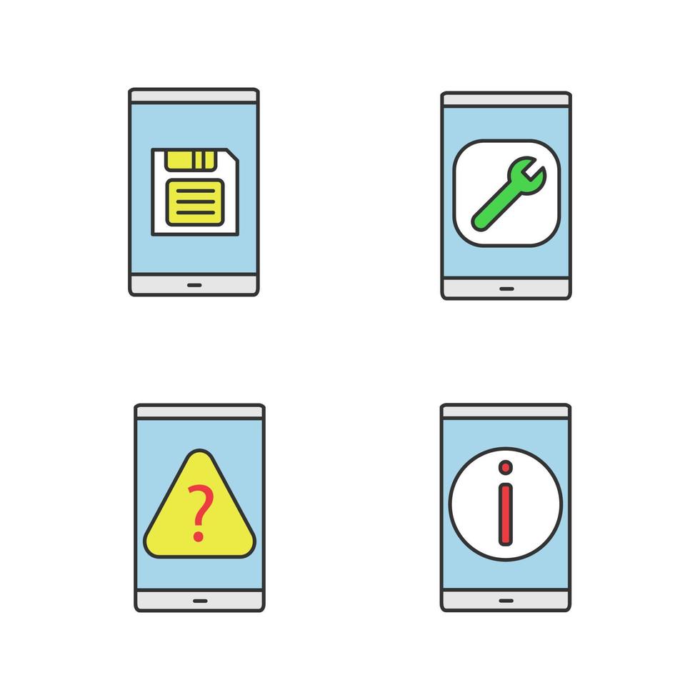 conjunto de iconos de colores de teléfonos inteligentes. botón guardar, configuración, preguntas frecuentes del teléfono móvil, error. ilustraciones vectoriales aisladas vector