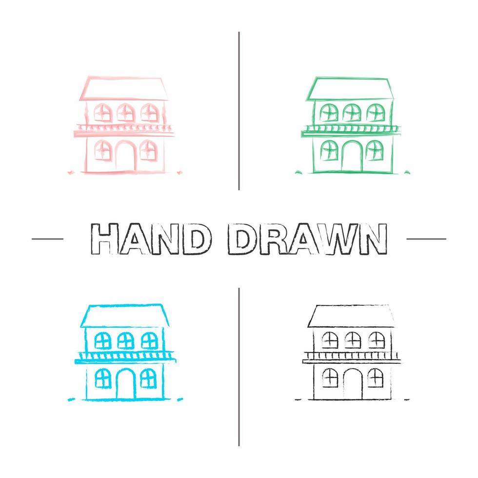 Two storey cottage hand drawn icons set. Chalet. House. Color brush stroke. Isolated vector sketchy illustrations