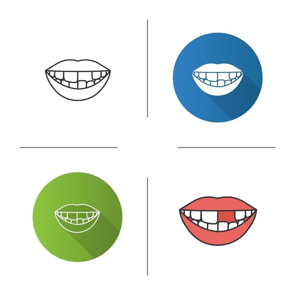 Smile with missing tooth icon. Flat design, linear and color styles. Isolated vector illustrations