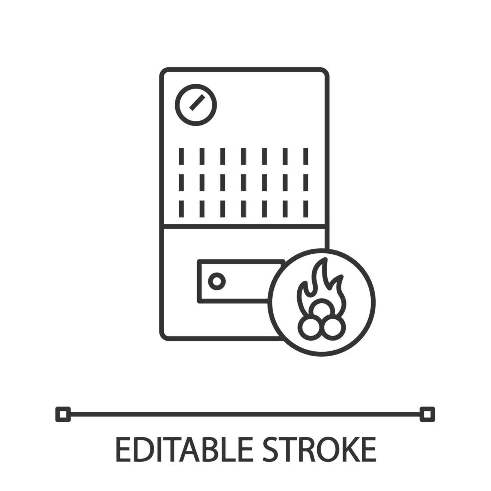 Solid fuel boiler linear icon. House central heater. Thin line illustration. Firewood boiler. Heating system. Contour symbol. Vector isolated outline drawing. Editable stroke