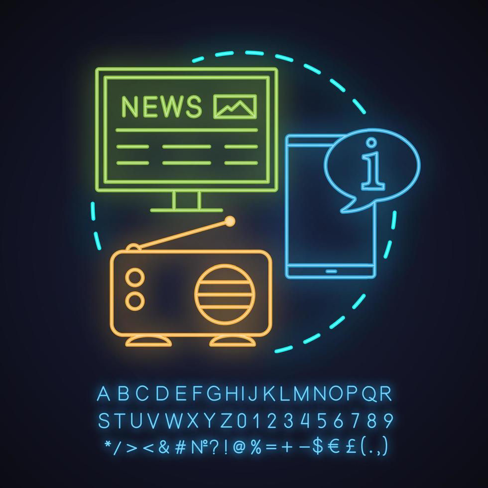 News studio neon light concept icon. Mass media idea. Electronic newspaper, radio broadcasting, info chat. Glowing sign with alphabet, numbers and symbols. Vector isolated illustration