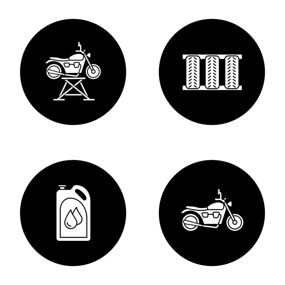 Auto workshop glyph icons set. Motorbike jack, car tires, motor oil, motorcycle. Vector white silhouettes illustrations in black circles