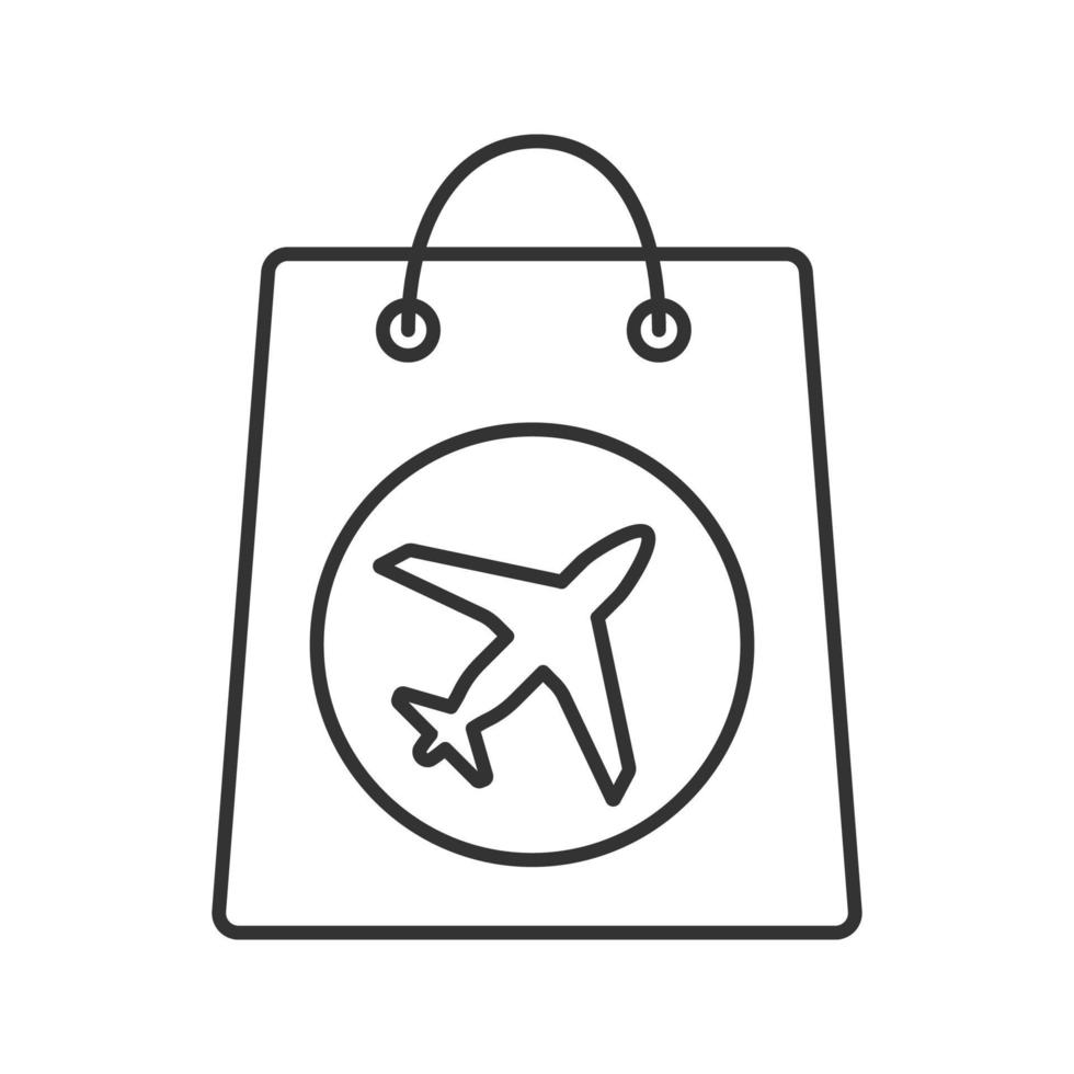 Duty free purchase linear icon. Thin line illustration. Shopping bag with airplane. Contour symbol. Vector isolated outline drawing