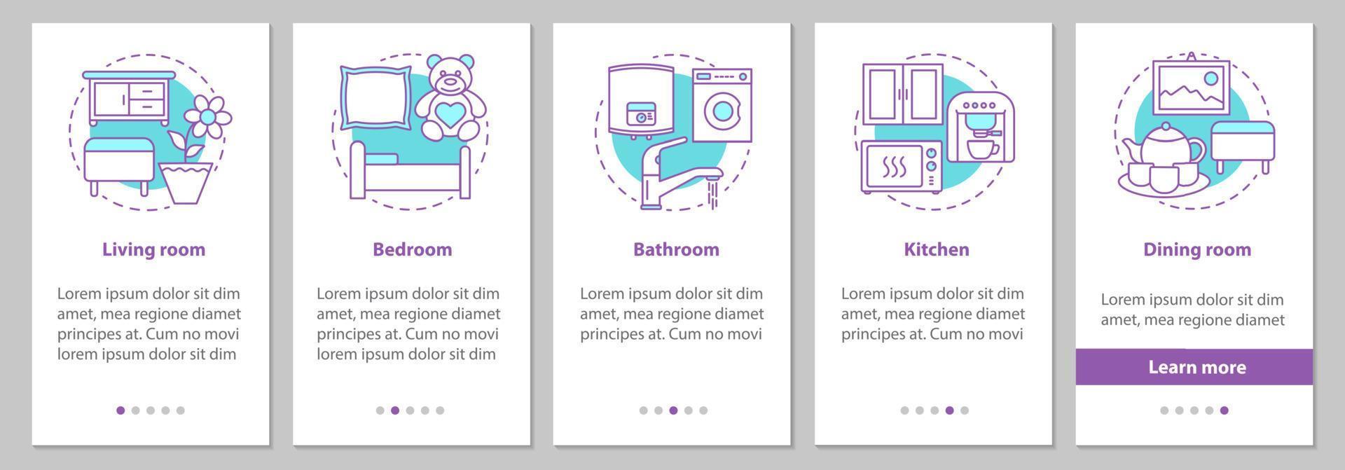 Interior design onboarding mobile app page screen with linear concepts. Flat or house rooms steps graphic instructions. Furniture and appliance. UX, UI, GUI vector template with illustrations