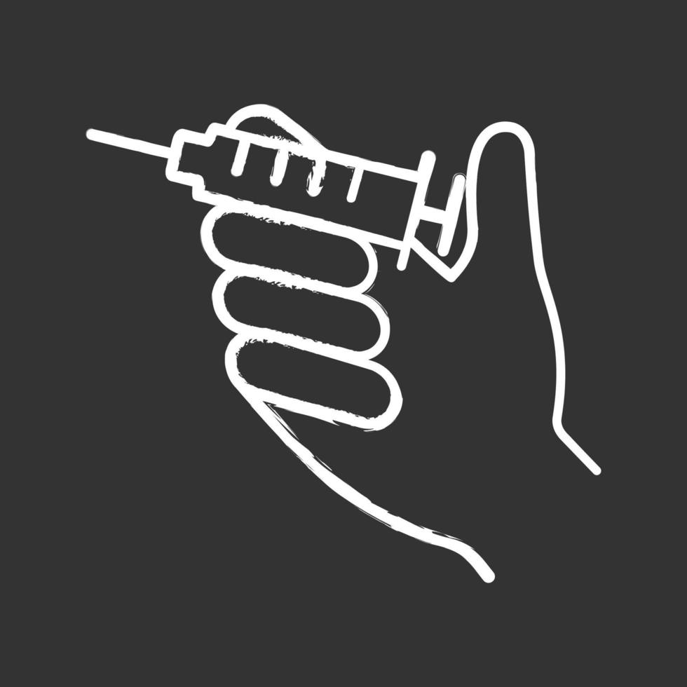 Injection chalk icon. Hand holding syringe. Doctor s hand. Neurotoxin injection. Vaccination. Treatment. Isolated vector chalkboard illustration