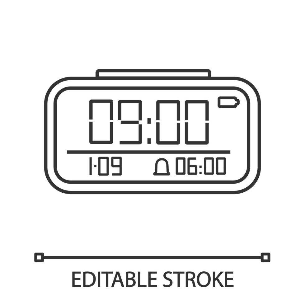 Digital alarm clock linear icon. Electronic clock. Thin line illustration. Digital alarm watch. Contour symbol. Vector isolated outline drawing. Editable stroke