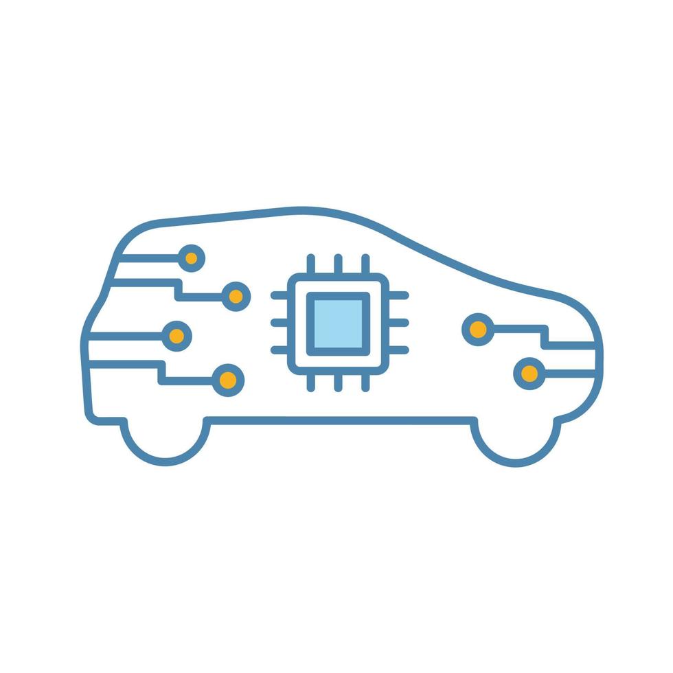 AI car in side view color icon. Autonomous car with chip inside. Smart auto. Intelligent auto. Self driving automobile with processor. Driverless vehicle. Isolated vector illustration