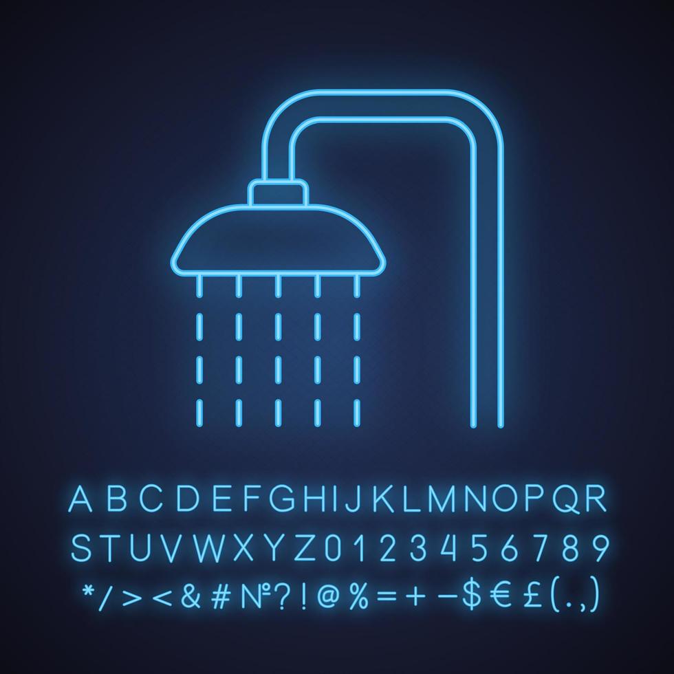 Shower neon light icon. Shower faucet with flowing water. Glowing sign with alphabet, numbers and symbols. Vector isolated illustration