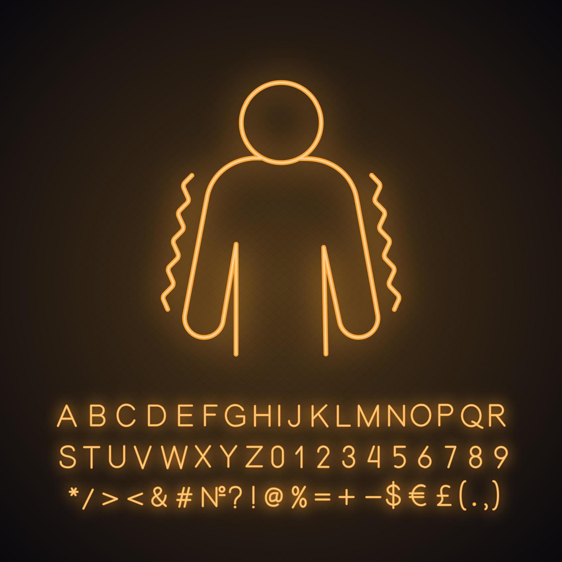 Trembling neon light icon. Anxiety. Shaking body. Worrying and afraid