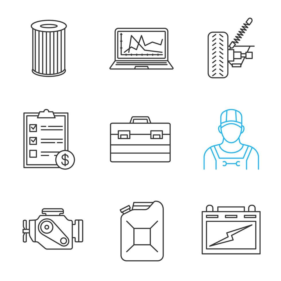 Auto workshop linear icons set. Air filter, diagnostics, car suspension, invoice, toolbox, repairman, engine, jerry can, auto battery. Thin line contour symbols. Isolated vector outline illustrations