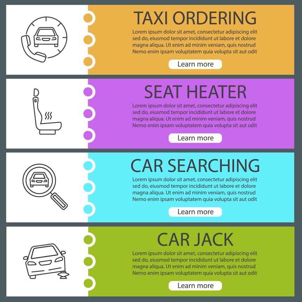 Auto workshop web banner templates set. Taxi ordering, seat heater, car searching, repair jack. Website color menu items with linear icons. Vector headers design concepts