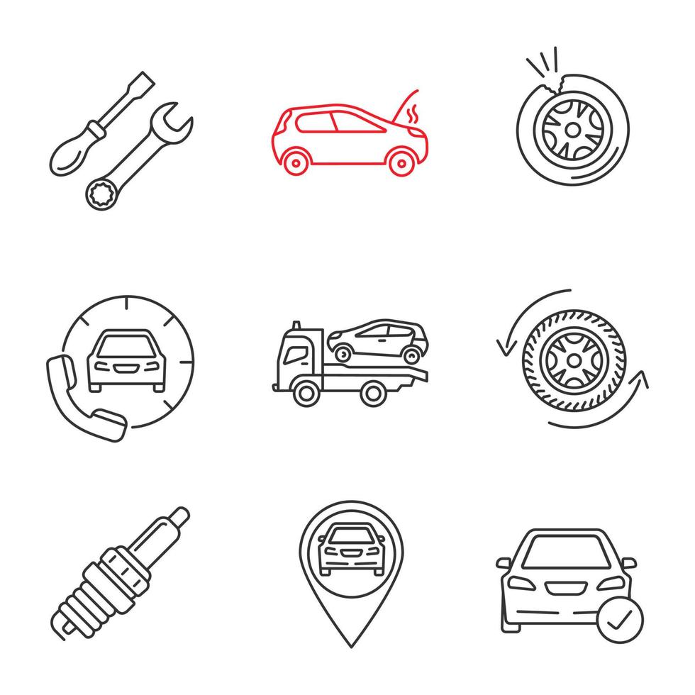 Auto workshop linear icons set. Repair service, broken car, tire puncture, assistance, tow truck, wheel, spark plug, gps, total check. Thin line contour symbols. Isolated vector outline illustrations