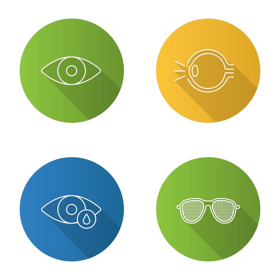 Conjunto de iconos de sombra larga lineal plana de oftalmología. anatomía del ojo humano, gotas, gafas estenopeicas. ilustración de contorno vectorial vector