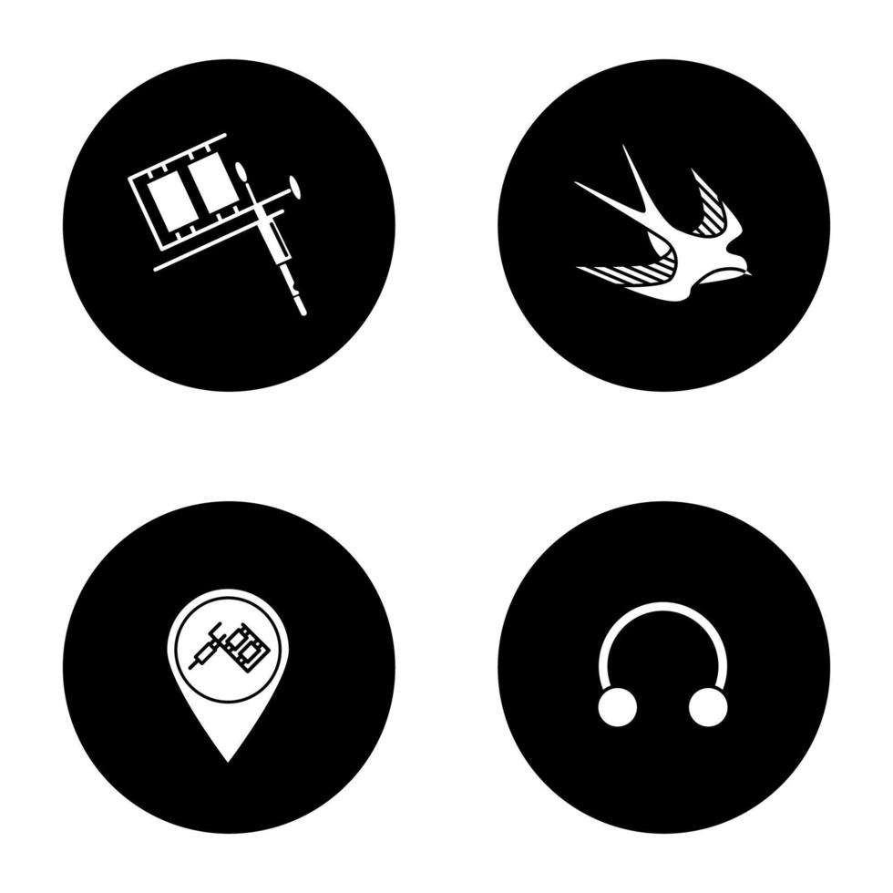 Tattoo studio glyph icons set. Piercing service. Tattoo machine, swallow sketch, studio location, half hoop earring. Vector white silhouettes illustrations in black circles