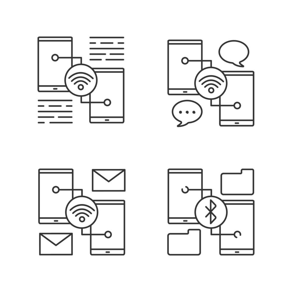 Smartphone connection linear icons set. Thin line contour symbols. Chatting, sending e-mail, wifi data transfer. Isolated vector outline illustrations