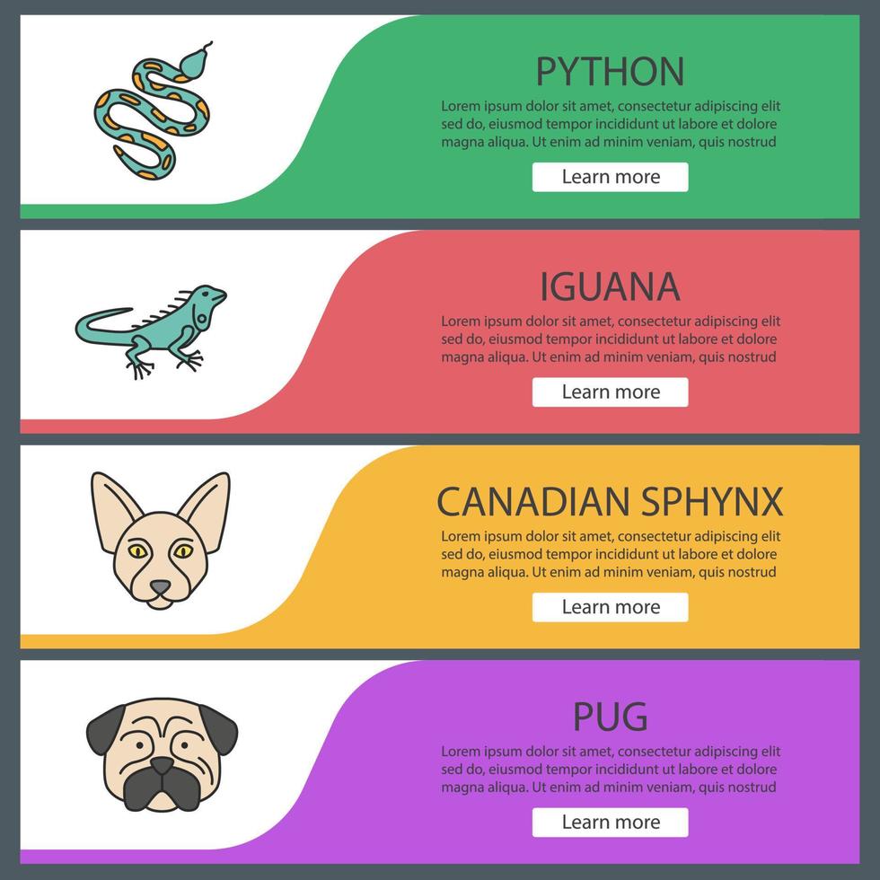 Conjunto de plantillas de banner web de mascotas. pitón, iguana, sphynx canadiense, pug. elementos del menú de color del sitio web. conceptos de diseño de encabezados vectoriales vector