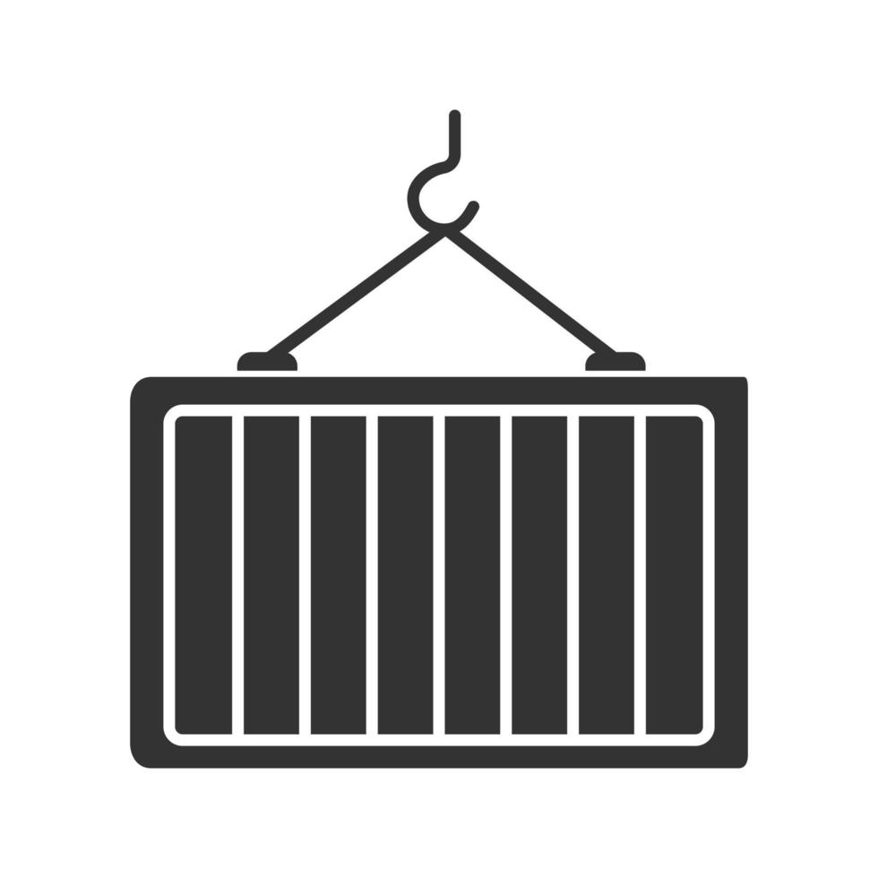 Intermodal container glyph icon. Silhouette symbol. Shipping container on crane hook. Freight loading. Negative space. Vector isolated illustration