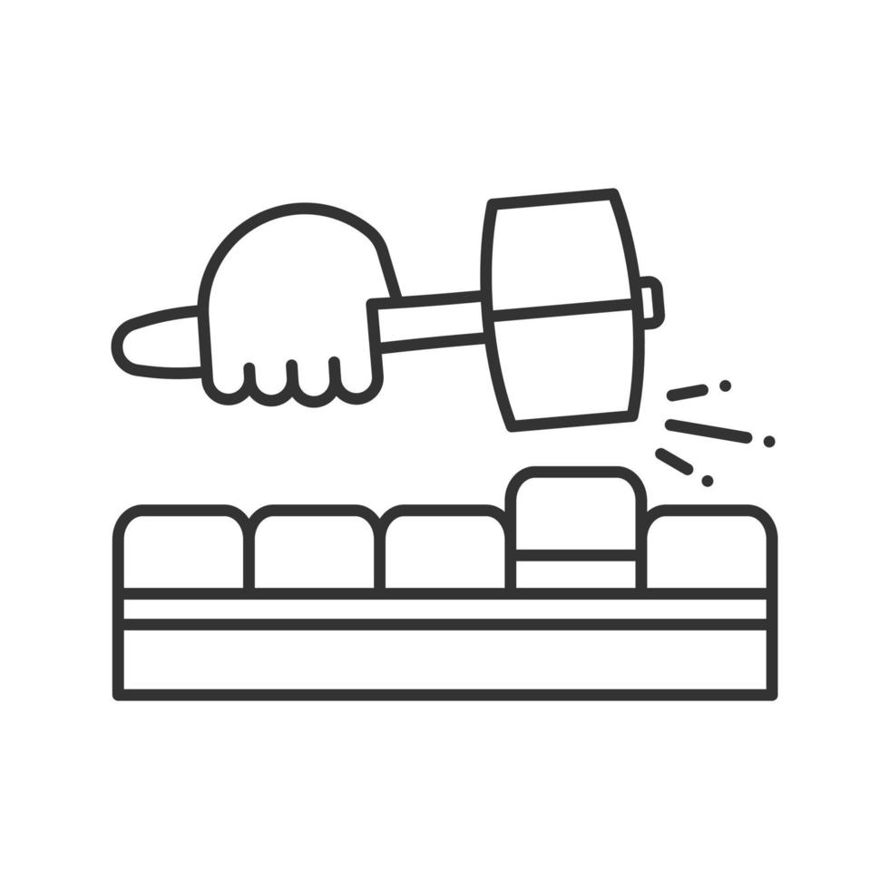Pavement bricks with lump hammer linear icon. Thin line illustration. Builder's hand. Contour symbol. Vector isolated outline drawing