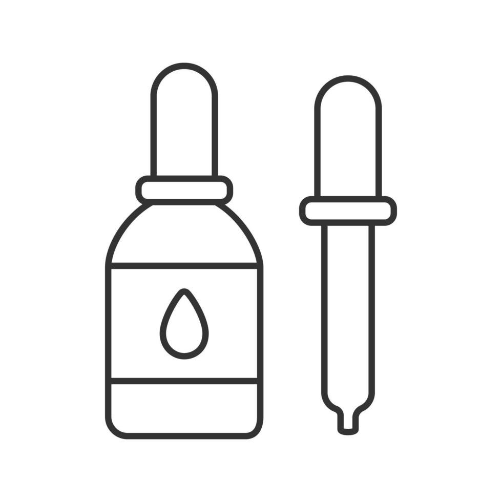 Eye drops and dropper linear icon. Thin line illustration. Medicine. Liquid bottle. Contour symbol. Vector isolated outline drawing