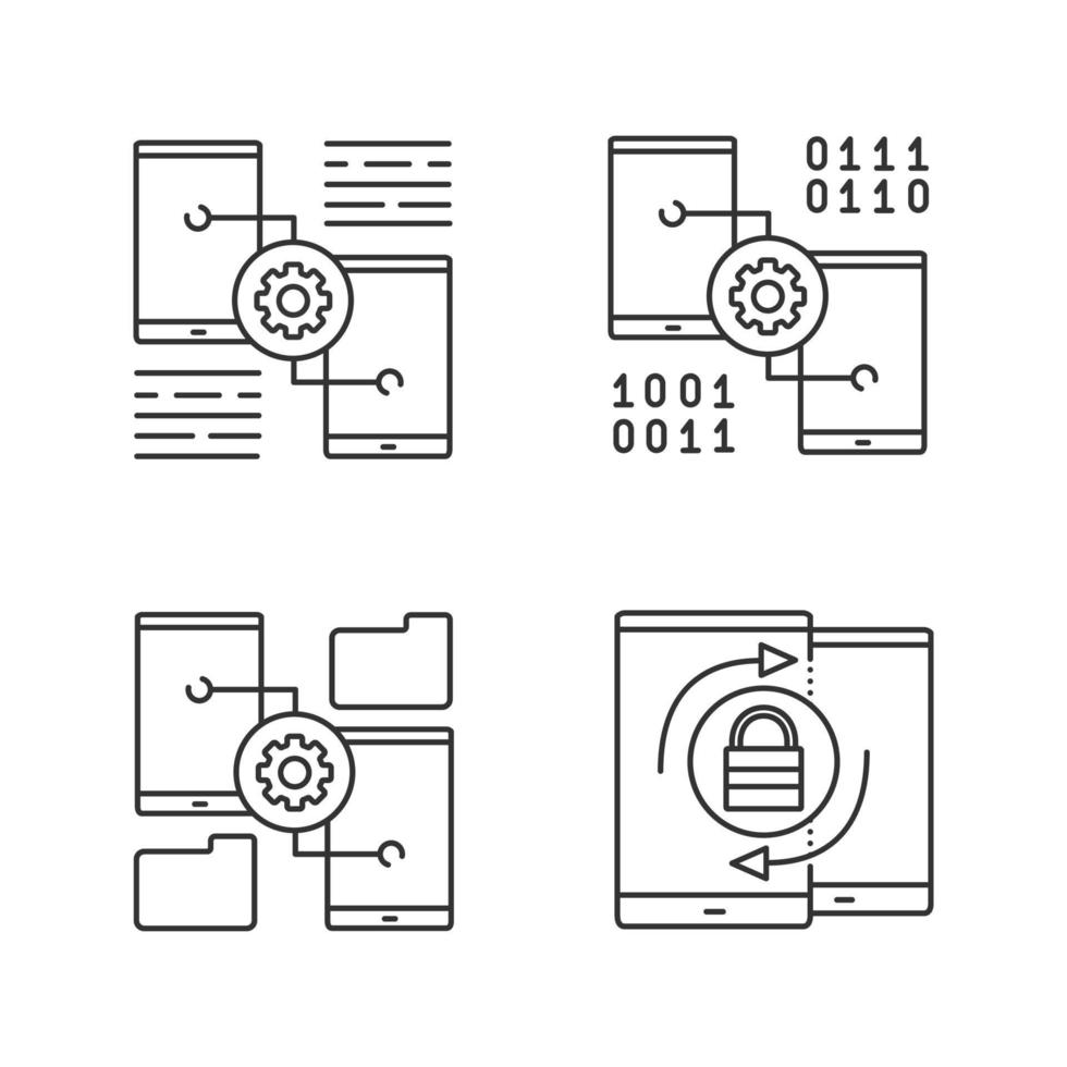 Smartphone displays linear icons set. Mobile phone settings, security synchronization, file manager. Thin line contour symbols. Isolated vector outline illustrations