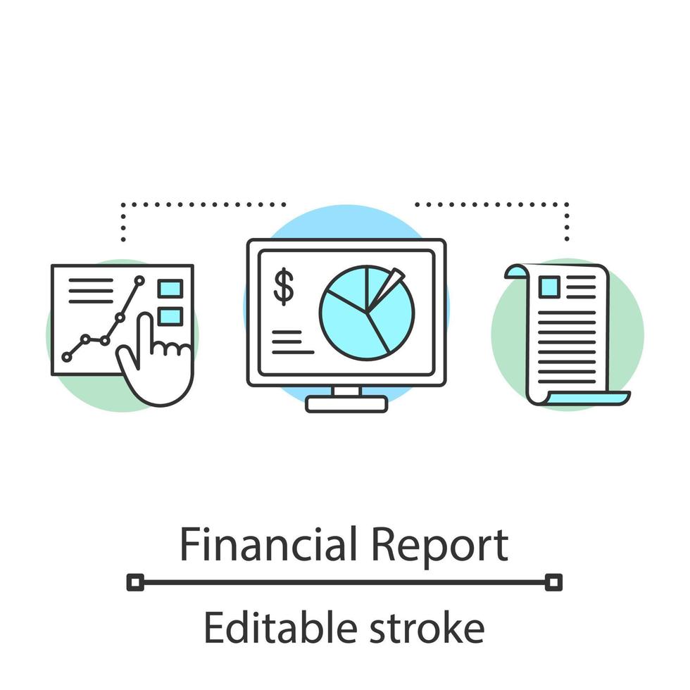 Financial report concept icon. Stock market analysis idea thin line illustration. Trade statistics. Customer segmentation and analysis. Vector isolated outline drawing. Editable stroke