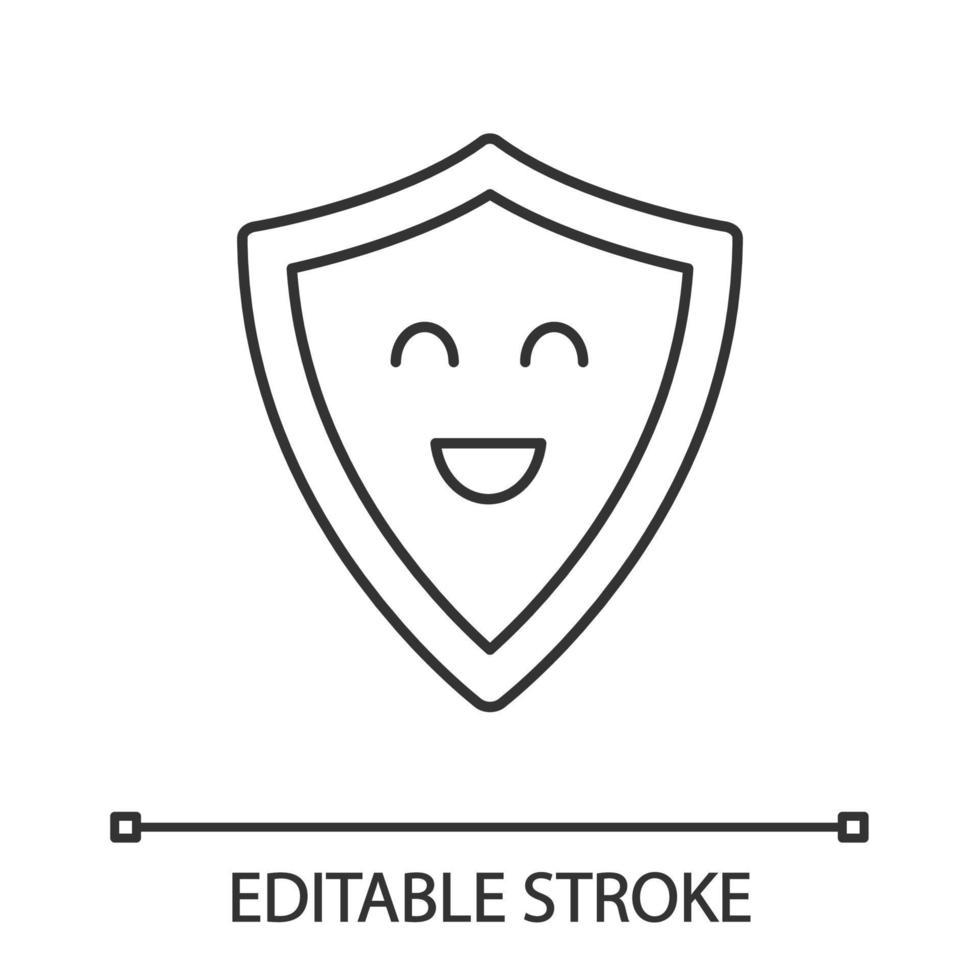 Smiling shield linear icon. Reliable protection, security. Thin line illustration. Easy safety. Defence. Happy shield. Emoji, emoticon. Contour symbol. Vector isolated outline drawing. Editable stroke