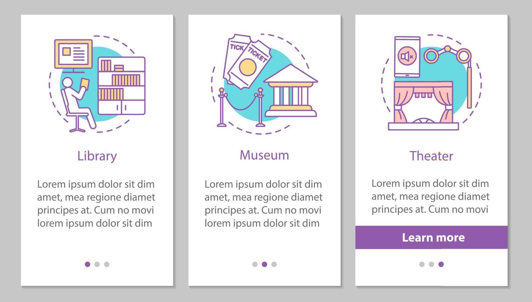 Entertainment and leisure onboarding mobile app page screen with linear concepts. Library, theater, museum steps graphic instructions. UX, UI, GUI vector template with illustrations