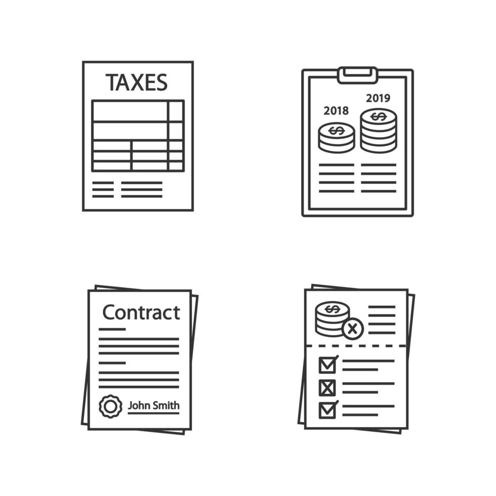 Audit linear icons set. Taxes form, annual report, contract, audit risks. Thin line contour symbols. Isolated vector outline illustrations. Editable stroke