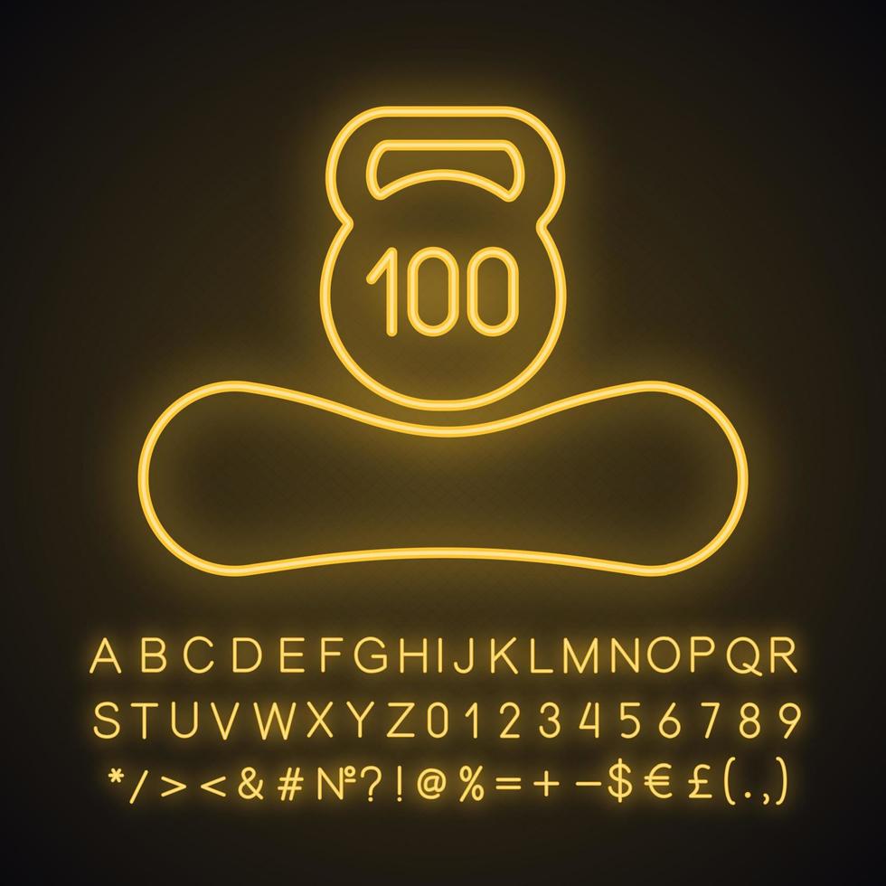 Maximum weight limit up to 100 kg neon light icon. Mattress weight recommendation per person of hundred kilograms. Glowing sign with alphabet, numbers and symbols. Vector isolated illustration