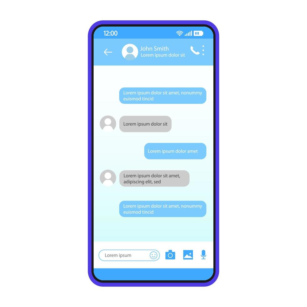 Smartphone chat interface vector template. Mobile app interface color design layout. SMS messenger screen. Flat UI for message application. Dialog, conversation. Phone display with speech bubbles