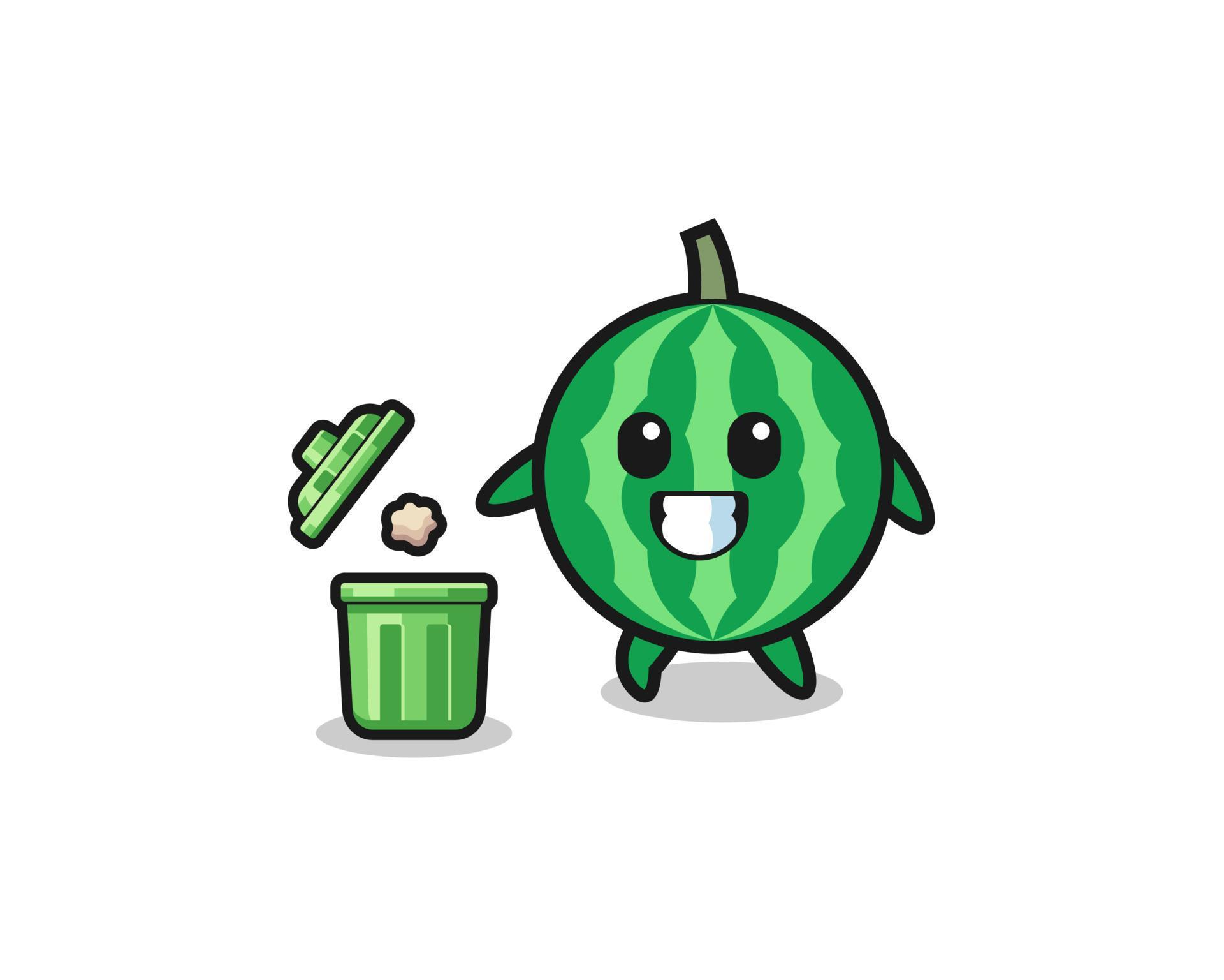 illustration of the watermelon throwing garbage in the trash can
