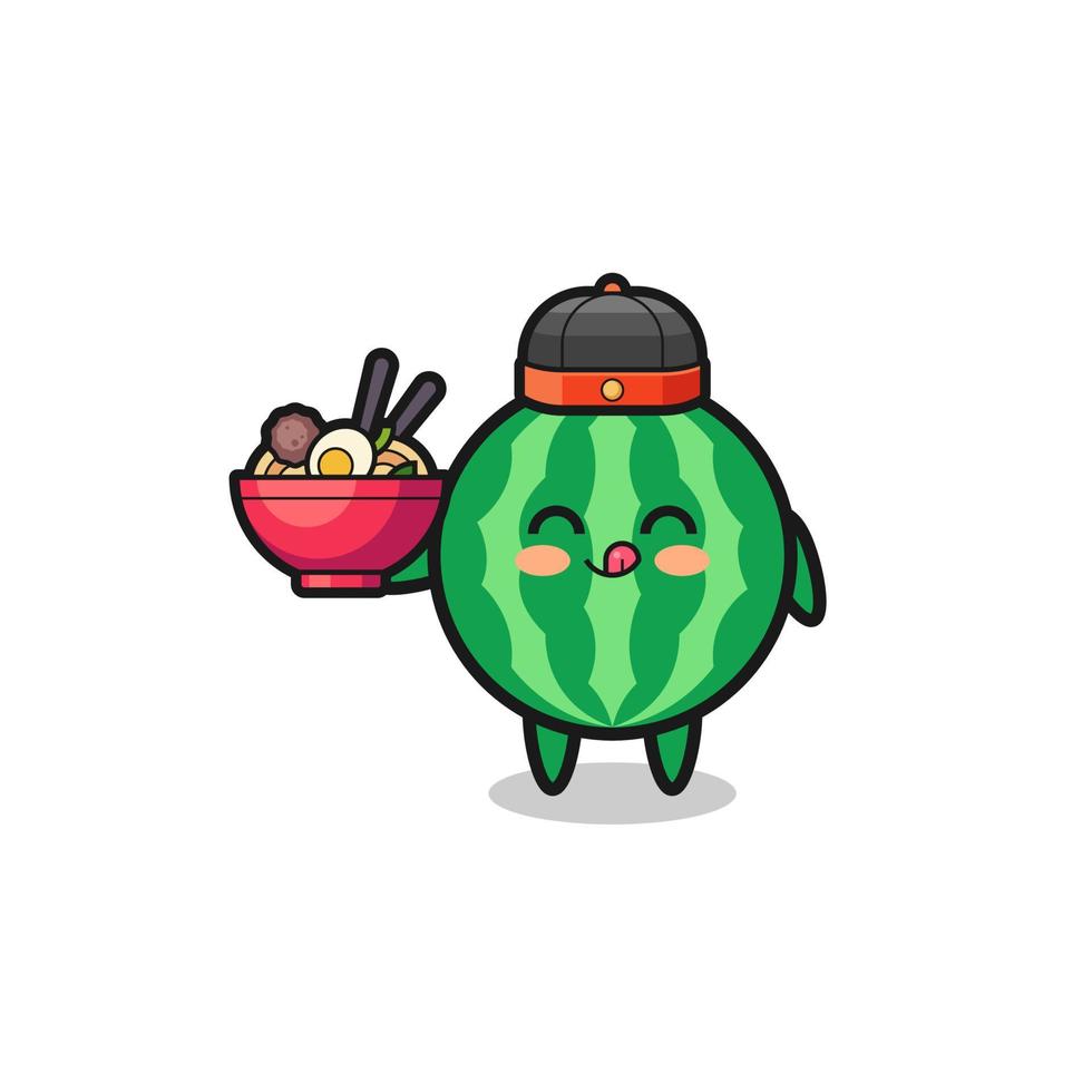 watermelon as Chinese chef mascot holding a noodle bowl vector