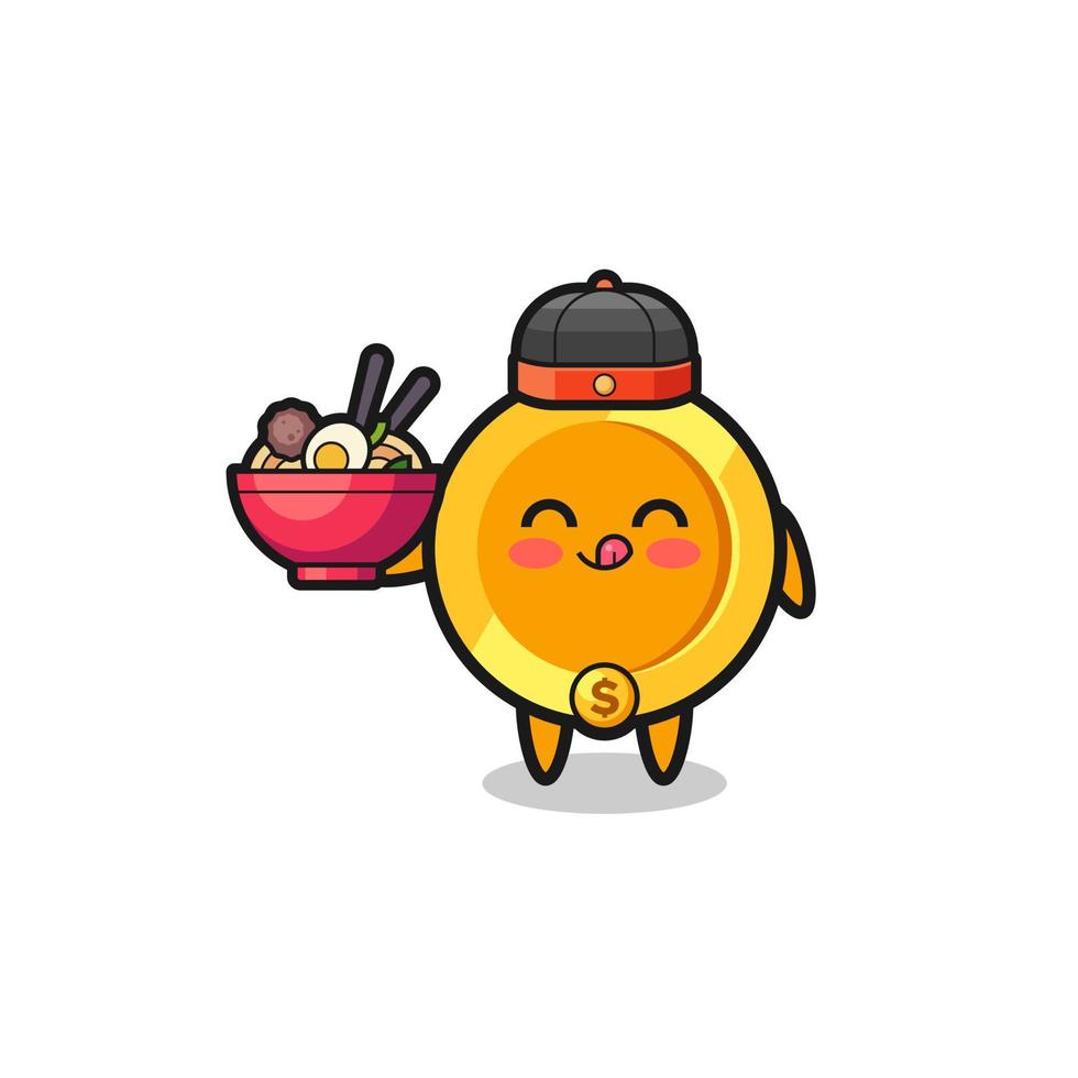 dollar coin as Chinese chef mascot holding a noodle bowl vector