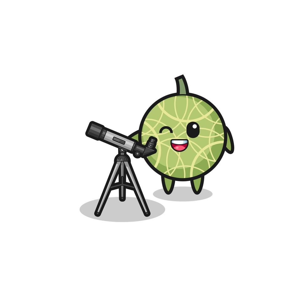 Mascota del astrónomo melón con un telescopio moderno. vector