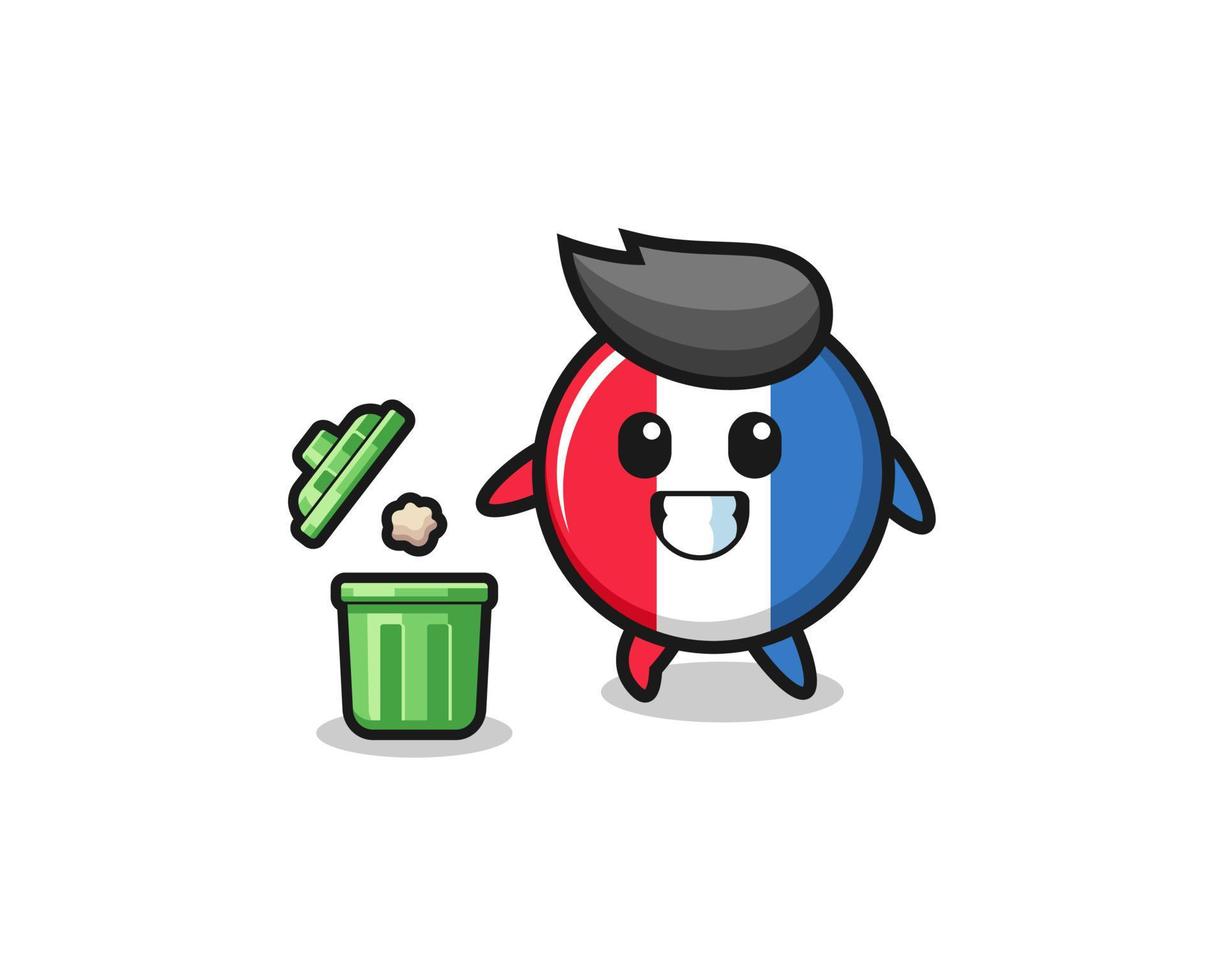 Ilustración de la bandera de Francia tirando basura en el bote de basura vector