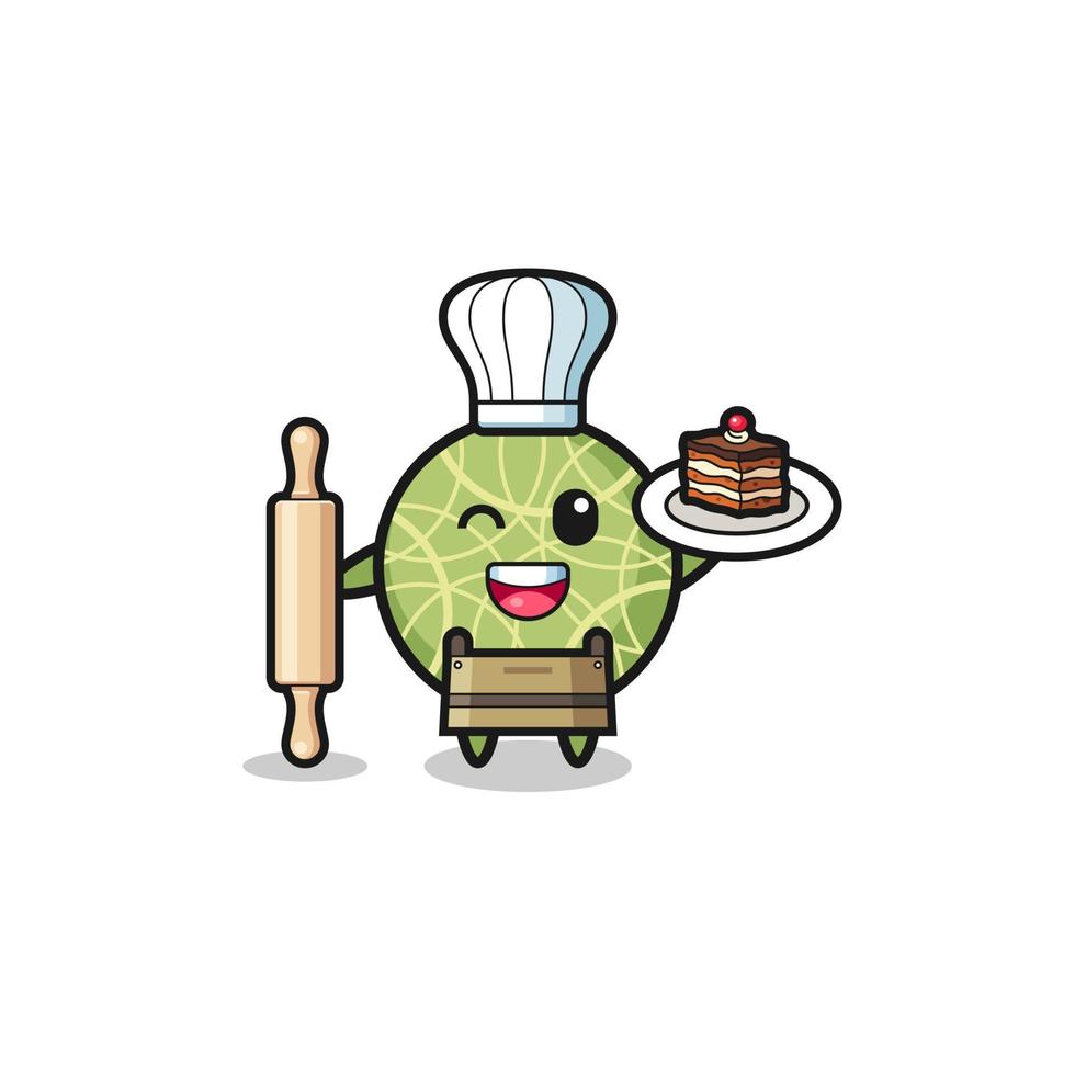 melon as pastry chef mascot hold rolling pin vector