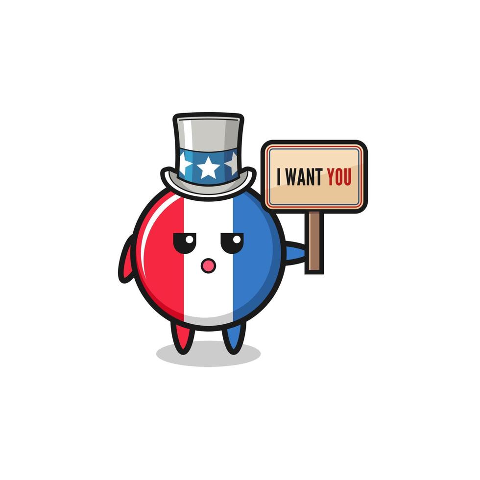 france flag cartoon as uncle Sam holding the banner I want you vector